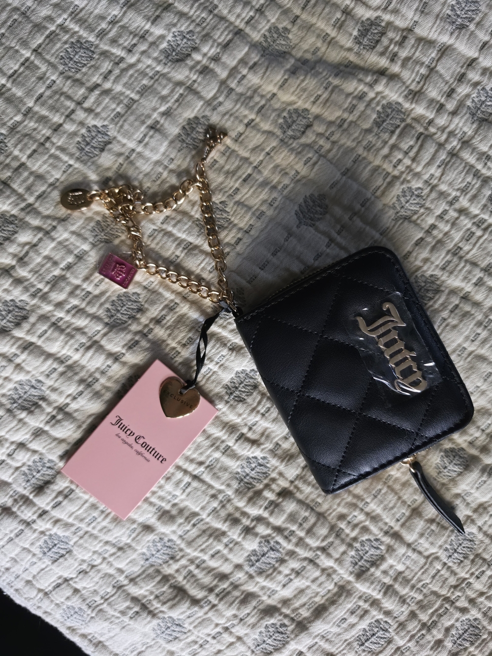 Juicy Couture Black Quilted Mini Wallet Keychain with Gold Chain NWT